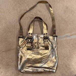 Francesco Biasia Gold Metallic leather Tote Bag with crossbody strap